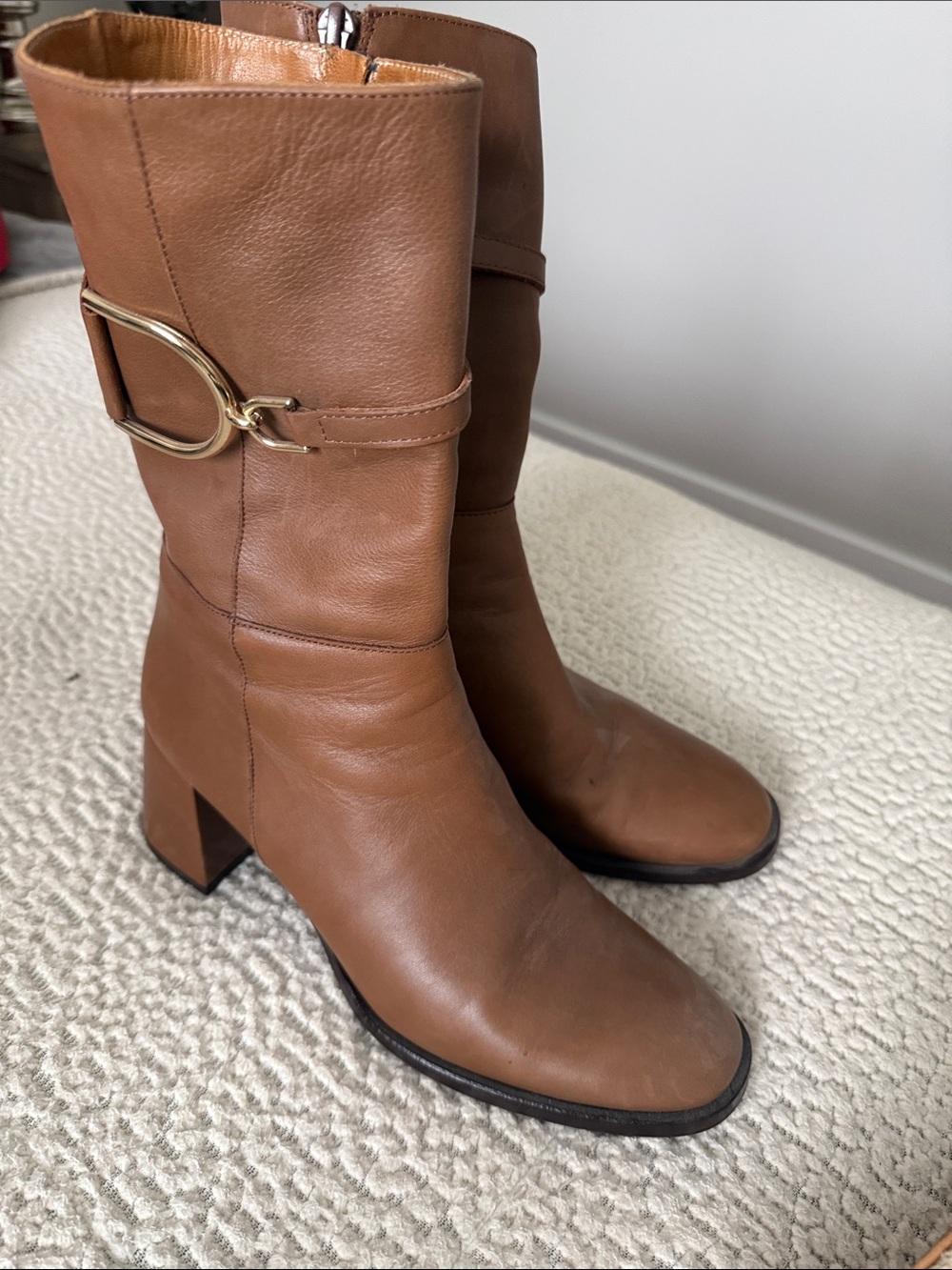 Women's  Tan Leather Mid-Calf Block Heel Boots with Gold Buckle